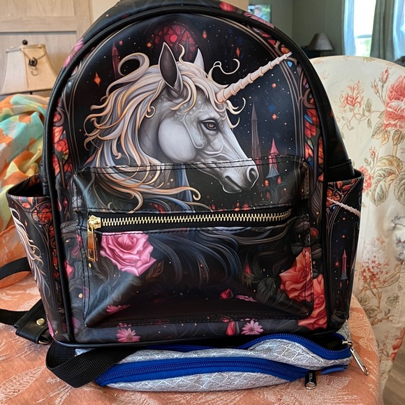 Handbags - GothicUnicorn Print Backpack with Gold and floral Accents